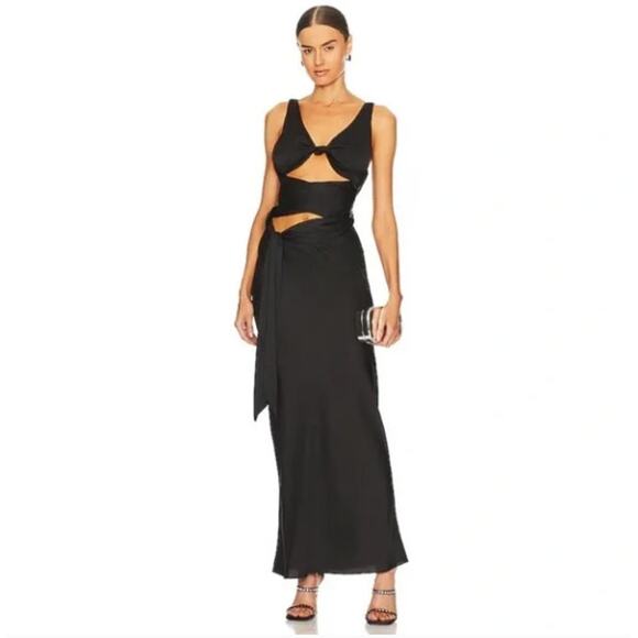 DANIELLE GUIZIO Wrapped Satin Maxi Dress Black Whimsigoth Sz XS $315 {3S11}